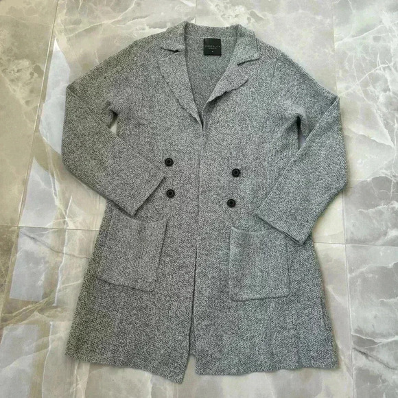 Knitted open front gray cardigan side pockets, buttons details Medium - Picture 2 of 7